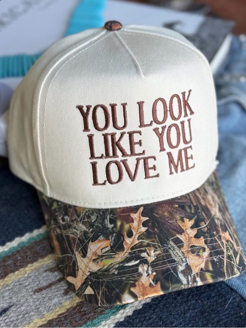 Cream and Brown Camo Trucker Hat - You Look Like You Love Me